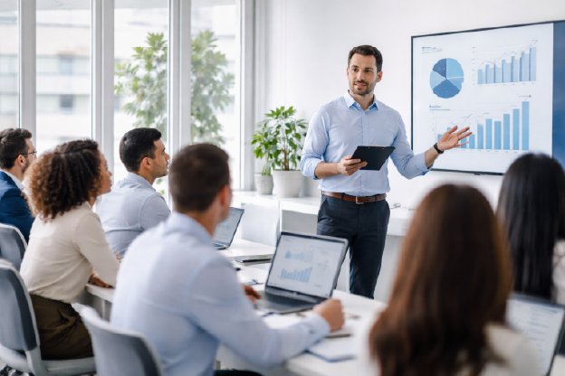 Finance team in modern training workshop